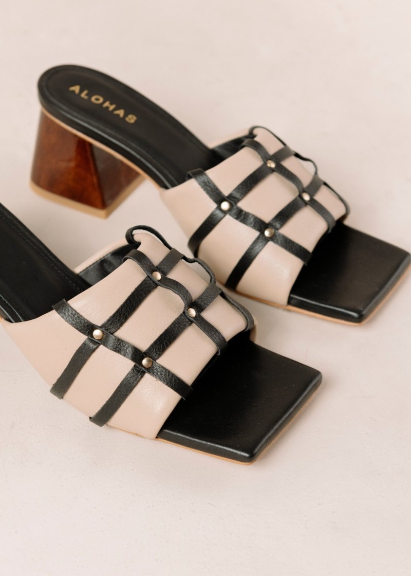 Women's Alohas Diorite Leather Mules With Block Heel Sandals Black / Beige NZ | T5F-3107