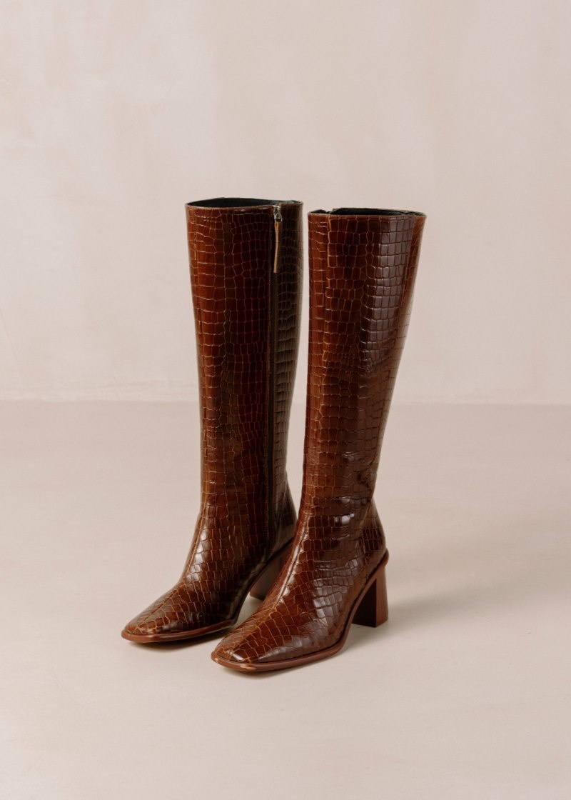 Women's Alohas East Croc Leather Knee-high Boots With Block Heel Knee High Boots Brown NZ | Y3E-6090