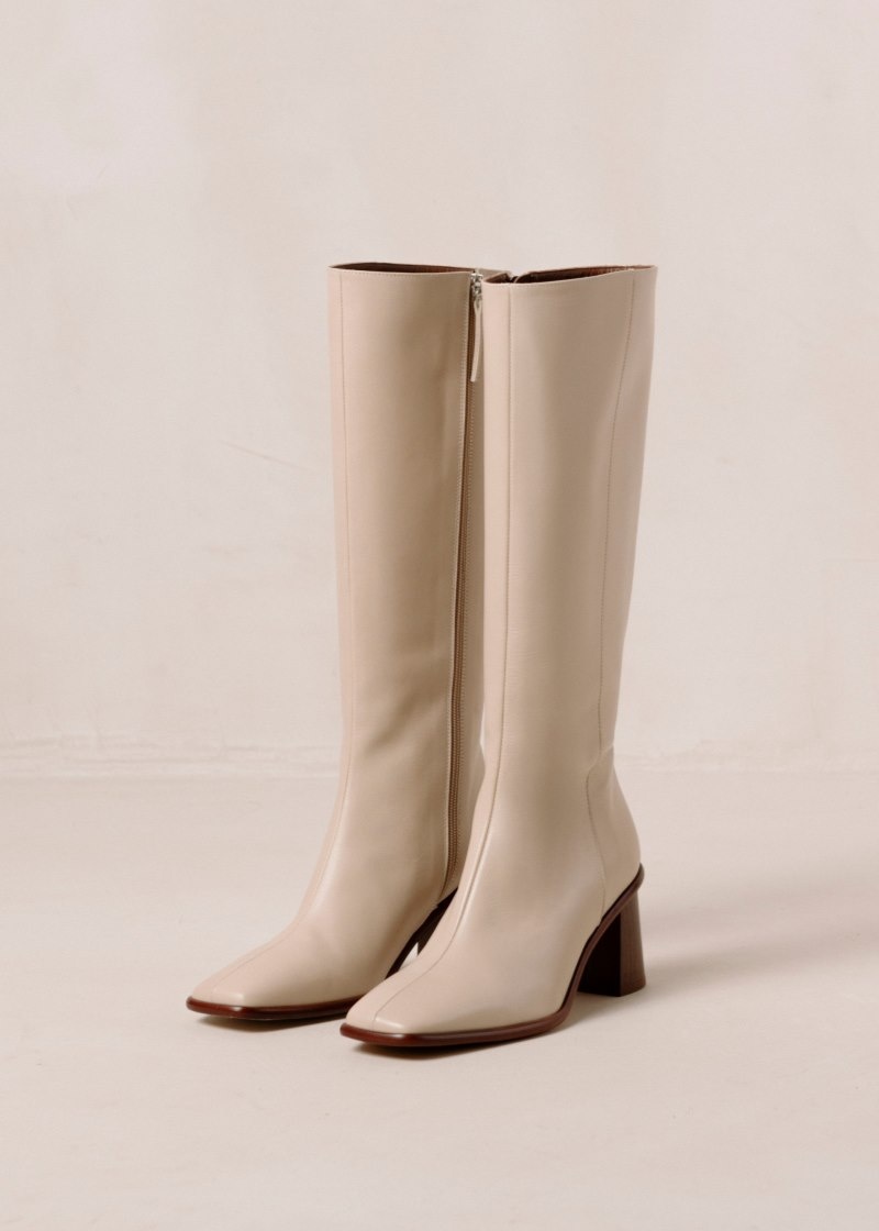 Women's Alohas East Leather Knee-high Boots With Block Heel Knee High Boots Beige NZ | Y7A-7032