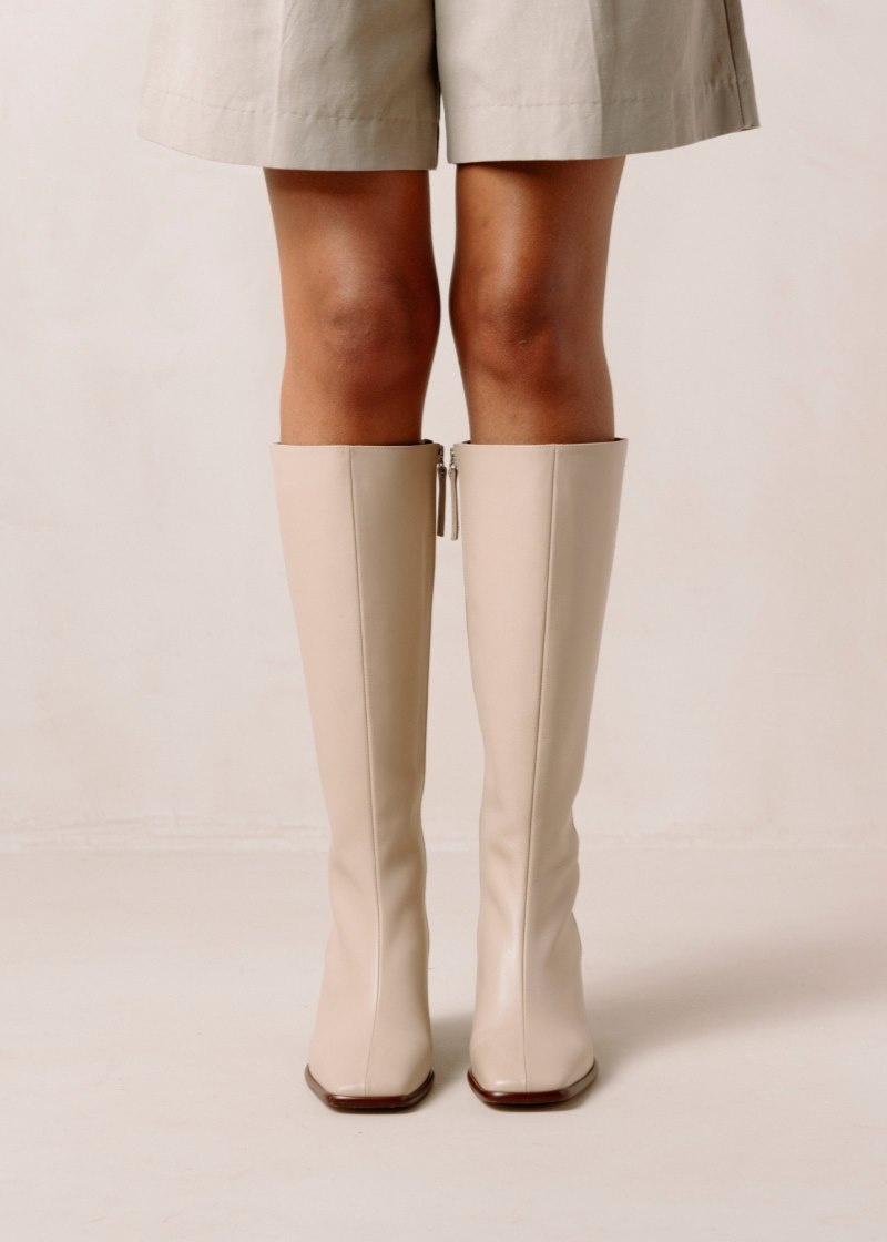 Women's Alohas East Leather Knee-high Boots With Block Heel Knee High Boots Beige NZ | Y7A-7032