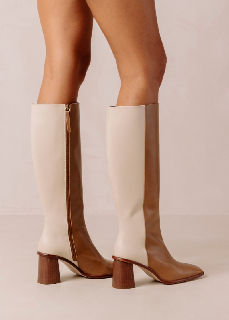 Women's Alohas East Leather Knee-high Boots With Block Heel Knee High Boots Brown / Cream NZ | E7E-8422