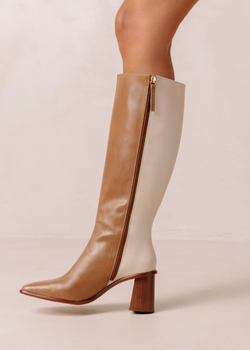 Women's Alohas East Leather Knee-high Boots With Block Heel Knee High Boots Brown / Cream NZ | E7E-8422