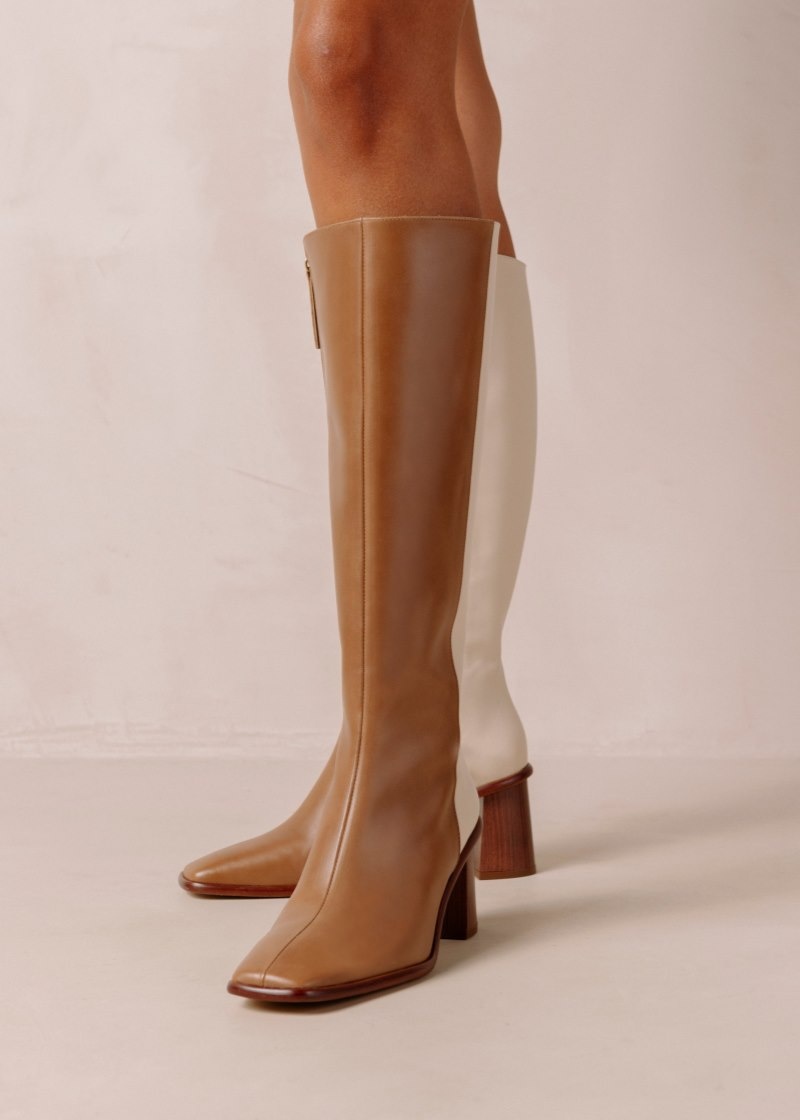 Women's Alohas East Leather Knee-high Boots With Block Heel Knee High Boots Brown / Cream NZ | E7E-8422