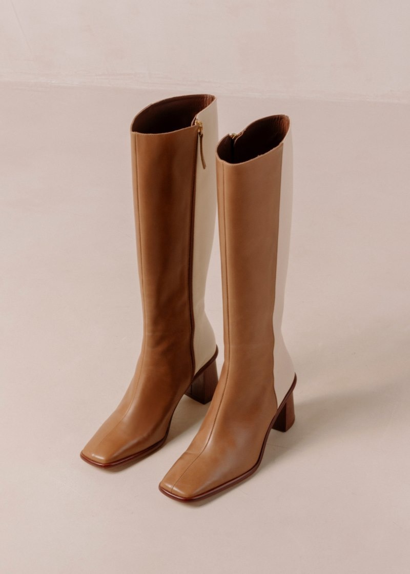 Women's Alohas East Leather Knee-high Boots With Block Heel Knee High Boots Brown / Cream NZ | E7E-8422