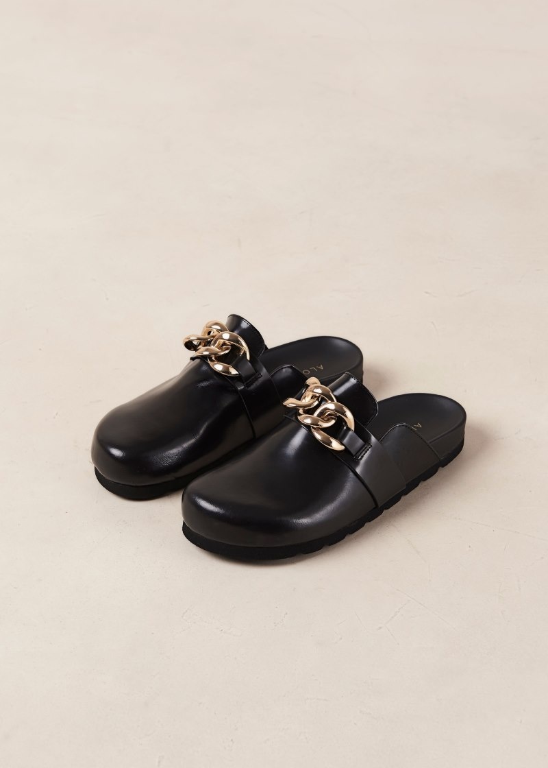 Women's Alohas Fireplace Leather Slip-on Clogs With Chain Sandals Black NZ | D6G-4365