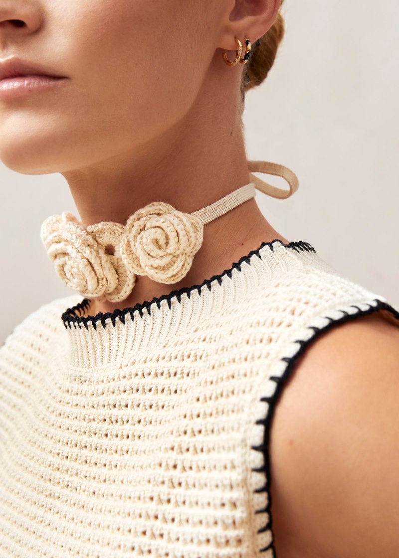 Women's Alohas Fleur Cotton Crochet Chocker Necklaces Cream NZ | R3K-5364