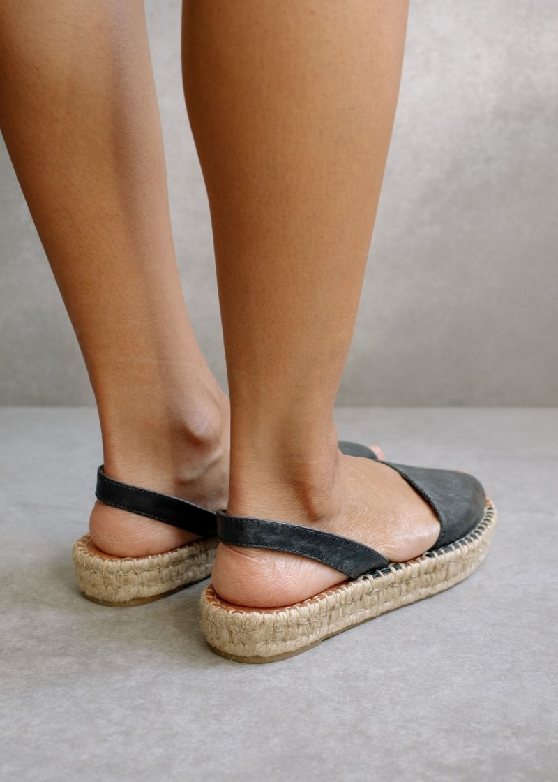 Women's Alohas Ibizas Leather Espadrille Sandals Espadrilles Black NZ | L4H-2138