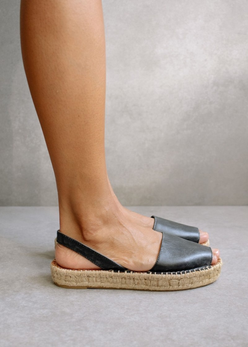 Women's Alohas Ibizas Leather Espadrille Sandals Espadrilles Black NZ | L4H-2138