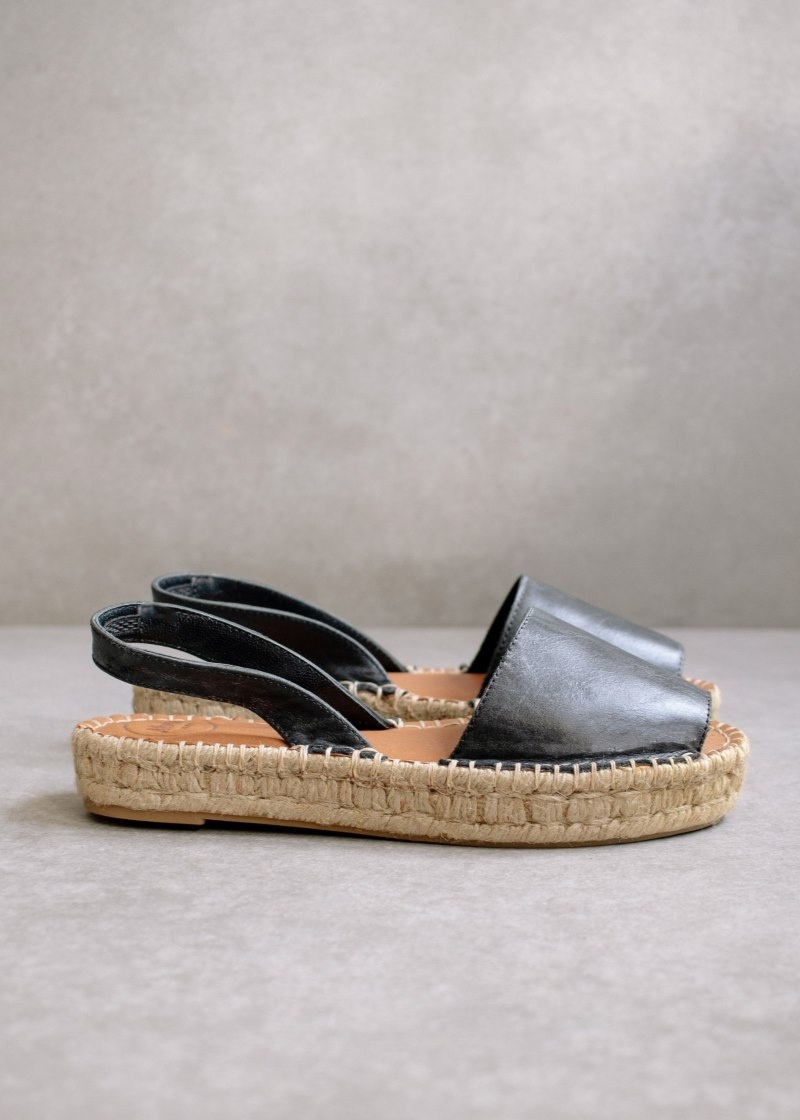 Women's Alohas Ibizas Leather Espadrille Sandals Sandals Black NZ | O6Q-6181