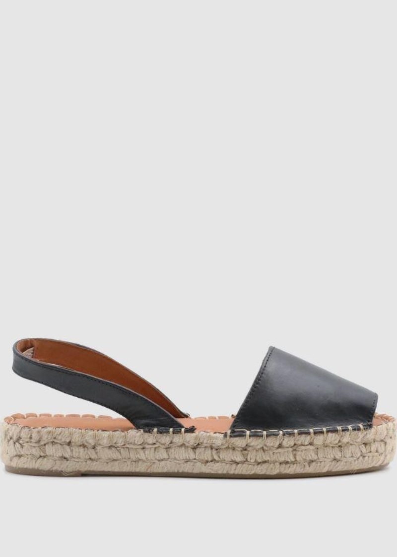 Women's Alohas Ibizas Leather Espadrille Sandals Sandals Black NZ | O6Q-6181