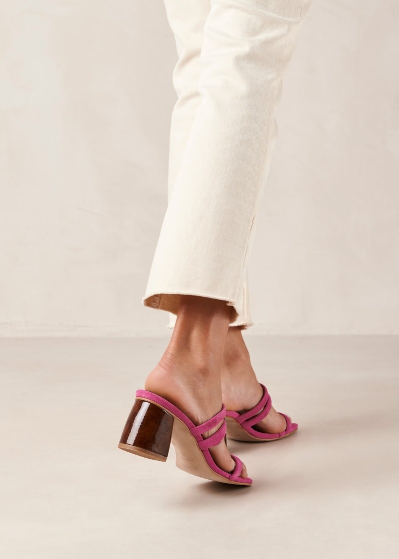 Women's Alohas Indiana Suede Leather Thin-strap Mules With Block Heel Sandals Pink NZ | V7O-7416