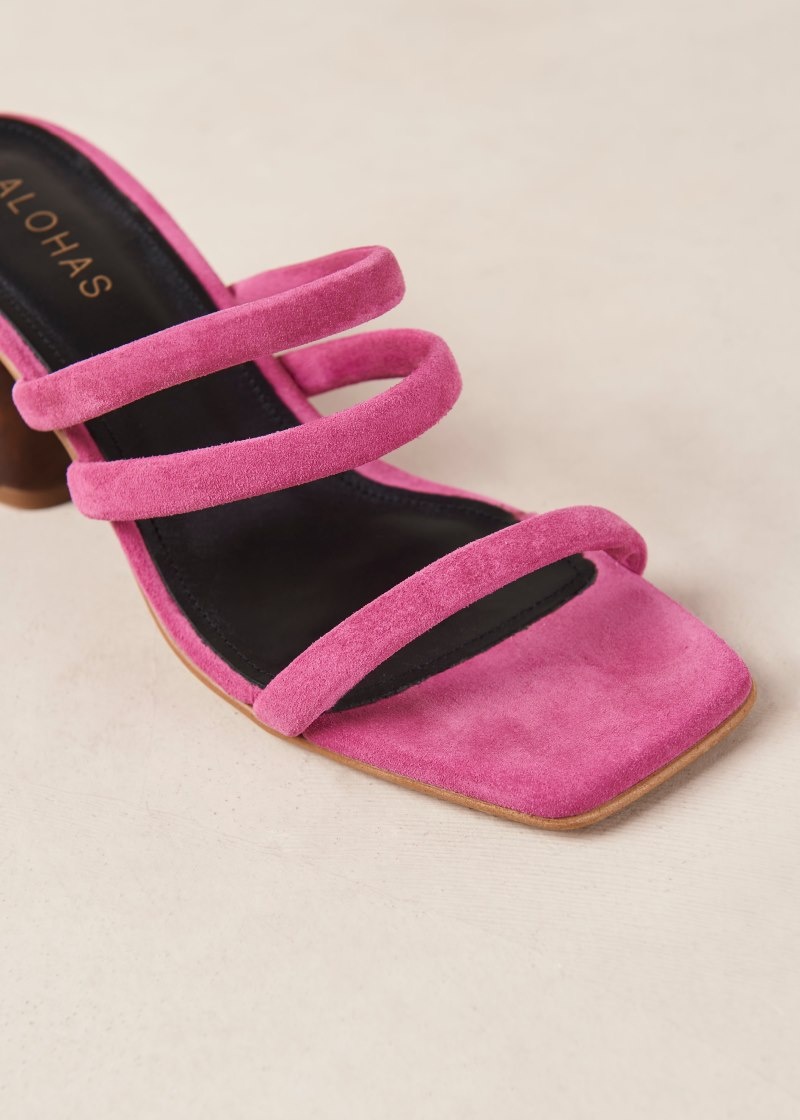 Women's Alohas Indiana Suede Leather Thin-strap Mules With Block Heel Sandals Pink NZ | V7O-7416