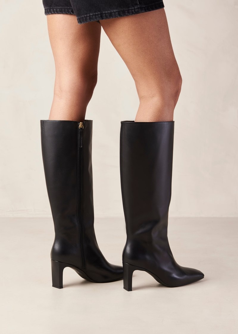 Women's Alohas Isobel Leather Knee-high Boots With Heel Knee High Boots Black NZ | W3L-4715