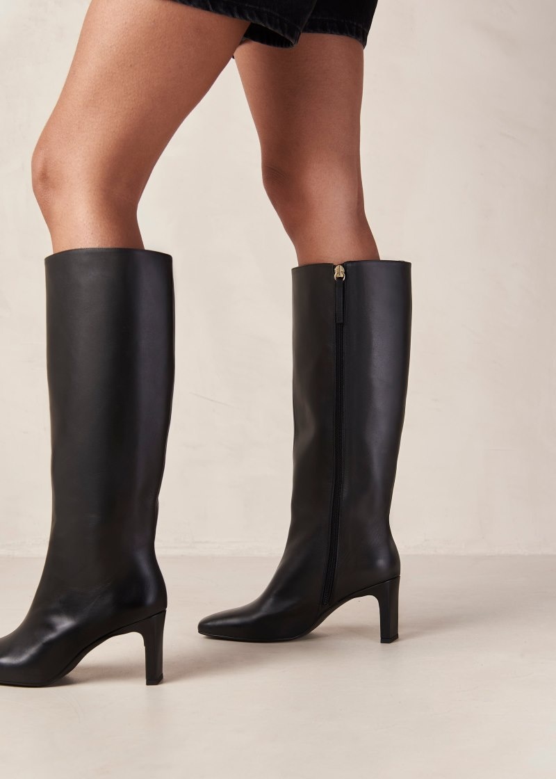 Women's Alohas Isobel Leather Knee-high Boots With Heel Knee High Boots Black NZ | W3L-4715