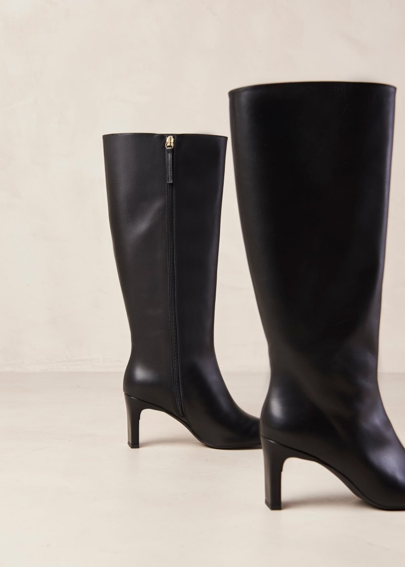 Women's Alohas Isobel Leather Knee-high Boots With Heel Knee High Boots Black NZ | W3L-4715