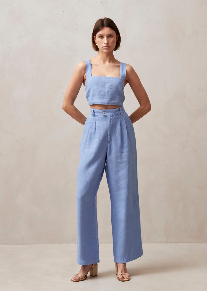 Women's Alohas Kaede Linen Wide-leg Pants Pants Blue NZ | R4E-9048