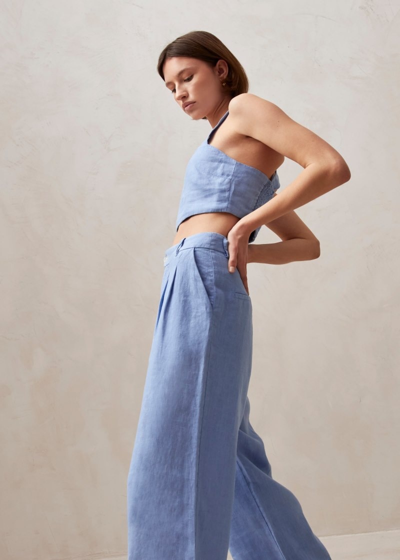 Women's Alohas Kaede Linen Wide-leg Pants Pants Blue NZ | R4E-9048