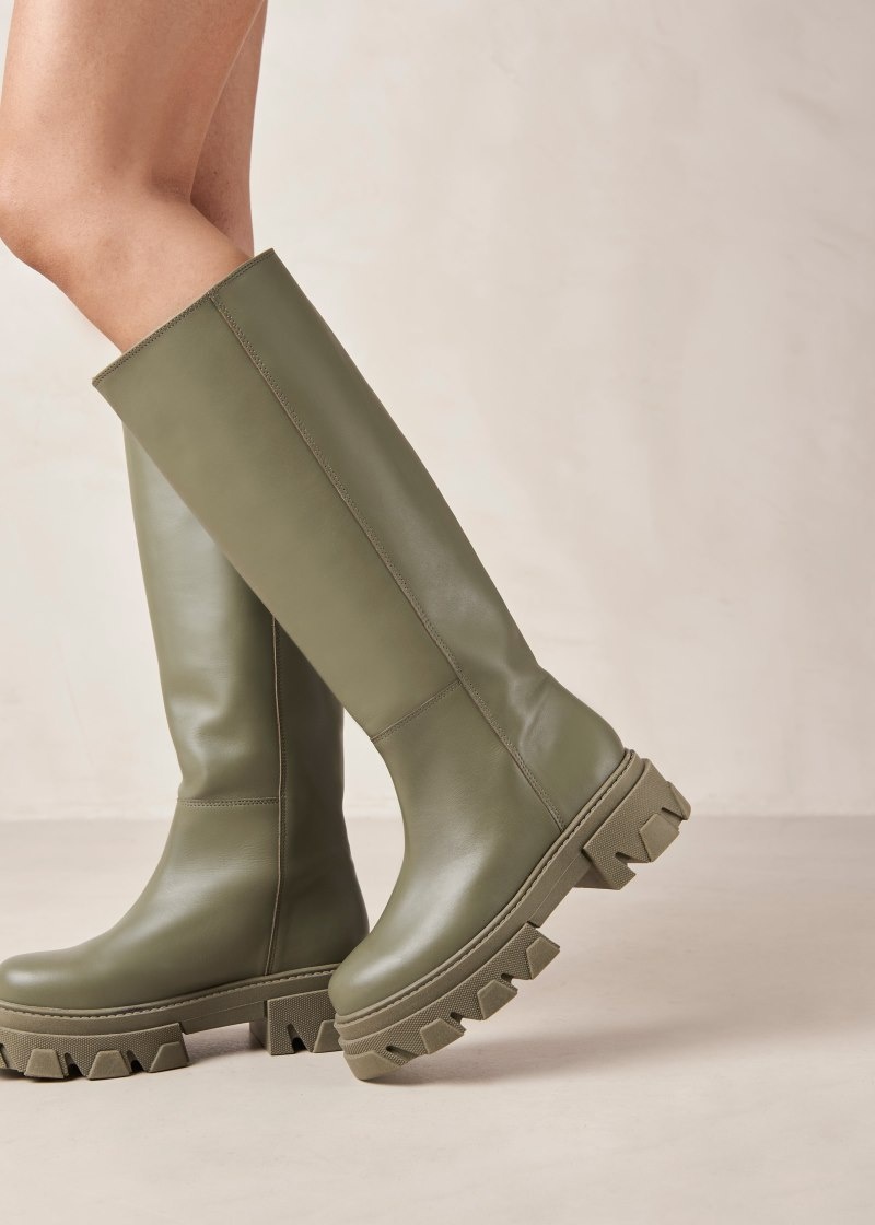 Women's Alohas Katiuska Leather Knee-high Boots With Platform Soles Knee High Boots Green NZ | C8T-4348