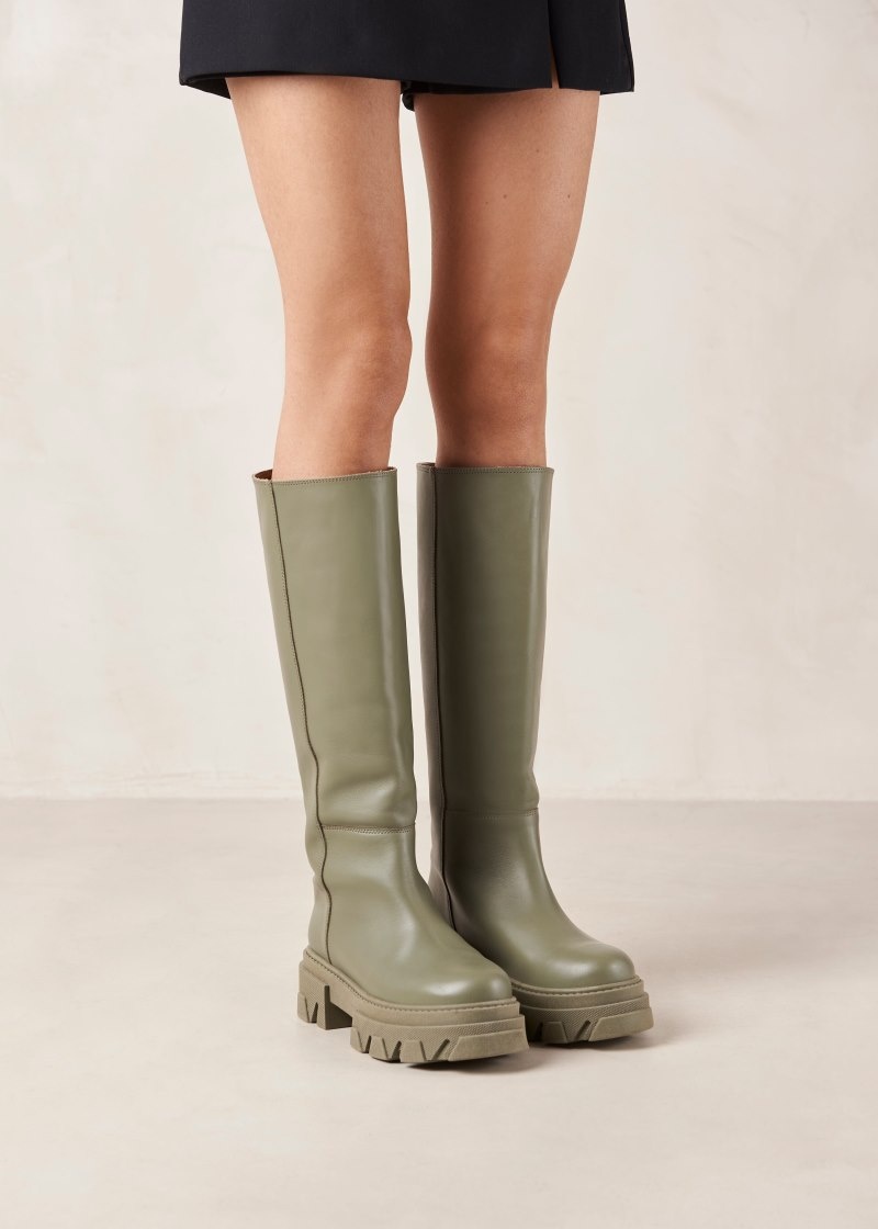 Women's Alohas Katiuska Leather Knee-high Boots With Platform Soles Knee High Boots Green NZ | C8T-4348