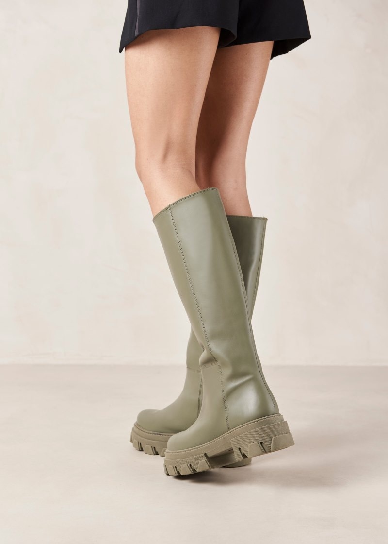 Women's Alohas Katiuska Leather Knee-high Boots With Platform Soles Knee High Boots Green NZ | C8T-4348