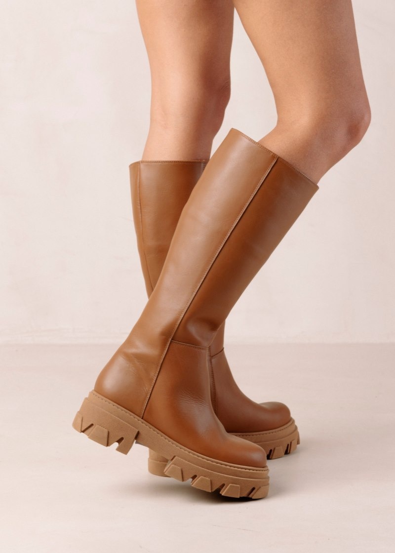 Women's Alohas Katiuska Leather Knee-high Boots With Platform Soles Knee High Boots Brown NZ | K2J-0555