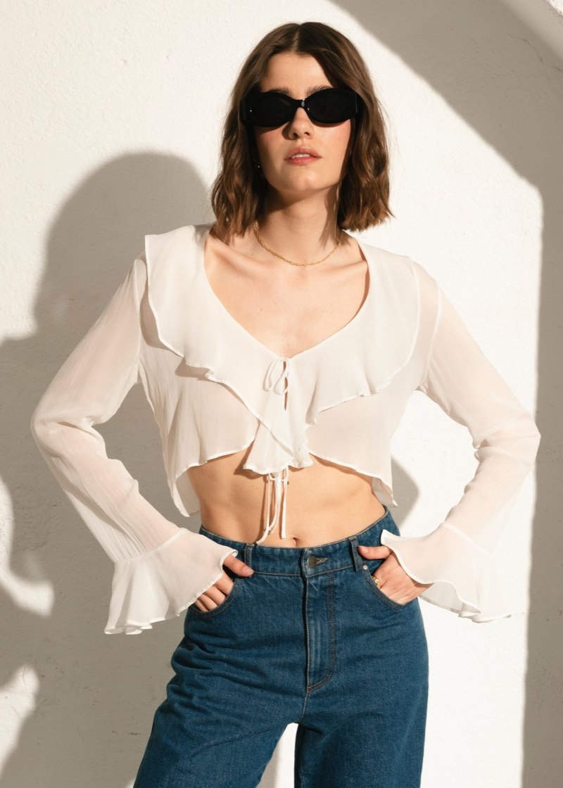 Women's Alohas Linn Long Sleeve Ruffle Crop Top Tops White NZ | F7Z-4369