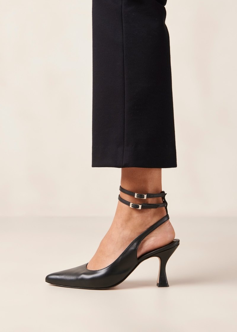 Women's Alohas Louise Leather Pointed Toe Pumps With Ankle Straps Heels Black NZ | R4I-5086