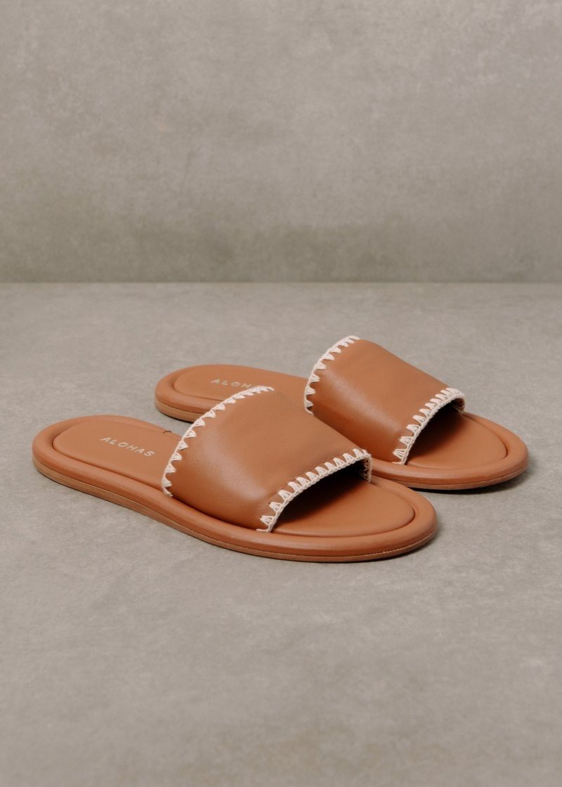 Women's Alohas Malibu Crochet Leather Slides With Crochet Edging Mules Brown NZ | G5M-1999