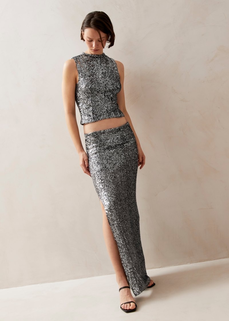 Women's Alohas Misi Maxi Skirt With Side Slit Skirts Silver NZ | V5R-2425