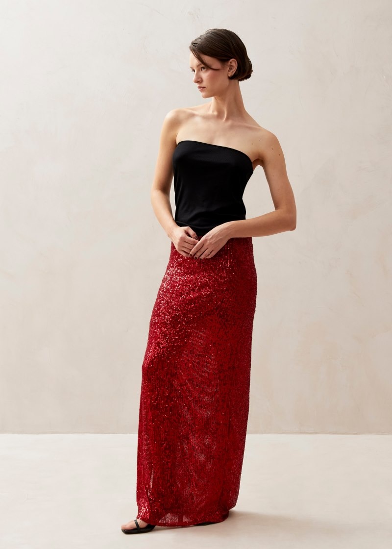 Women's Alohas Misi Maxi Skirt With Side Slit Skirts Red NZ | J2L-5483