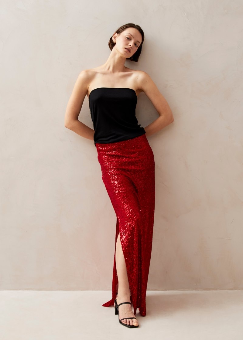 Women's Alohas Misi Maxi Skirt With Side Slit Skirts Red NZ | J2L-5483