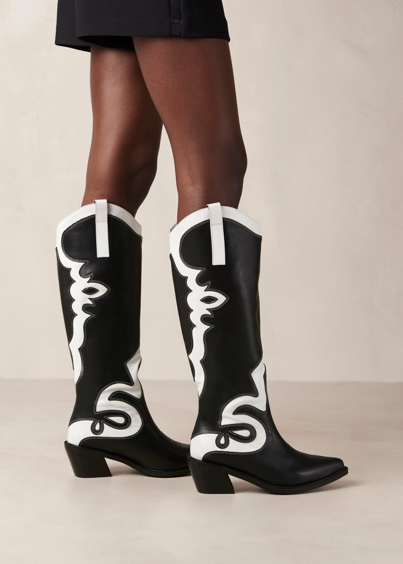 Women's Alohas Mount Dallas Leather Cowboy Boots Knee High Boots Black / White NZ | H2T-1156