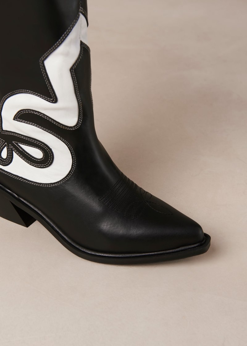 Women's Alohas Mount Dallas Leather Cowboy Boots Knee High Boots Black / White NZ | H2T-1156