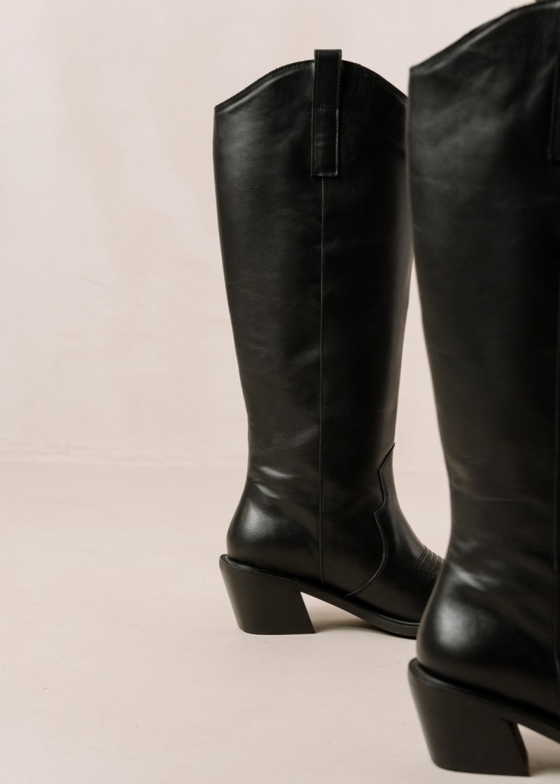 Women's Alohas Mount Leather Cowboy Boots Knee High Boots Black NZ | R5A-3988