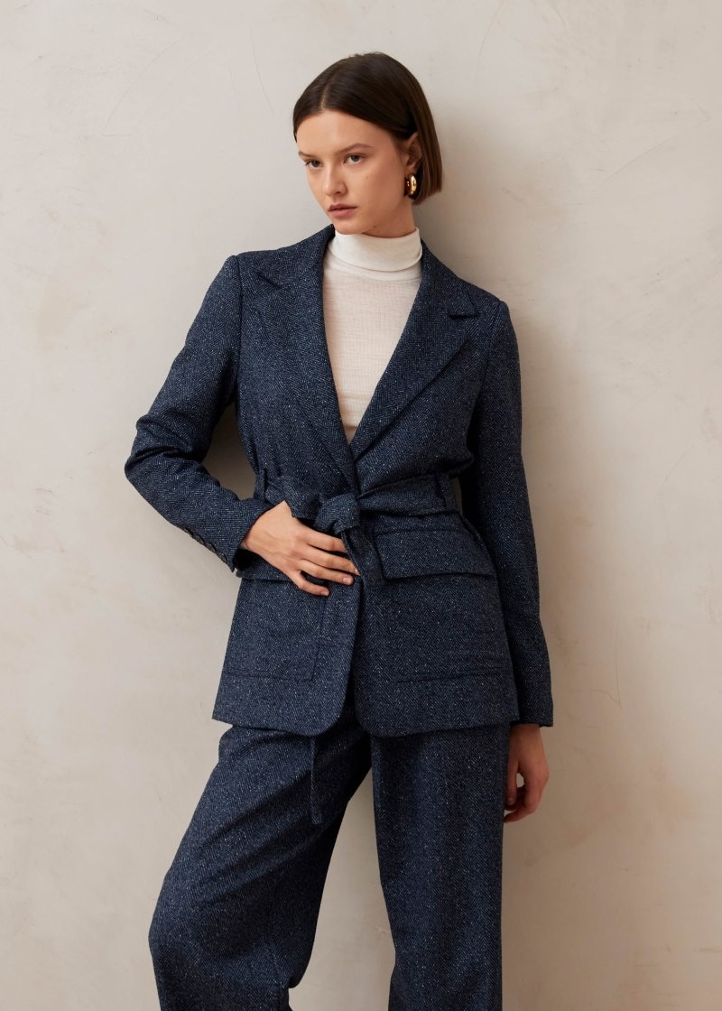 Women's Alohas Nagano Herringbone Herringbone Belted Blazer Blazers Navy NZ | M7S-0543