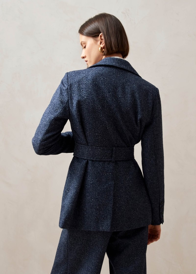 Women's Alohas Nagano Herringbone Herringbone Belted Blazer Jackets Navy NZ | G0P-3770