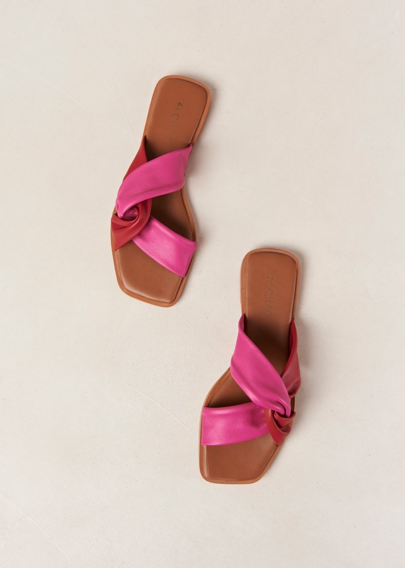 Women's Alohas Nomad Leather Flat Slides Sandals Red / Pink NZ | W2N-2992