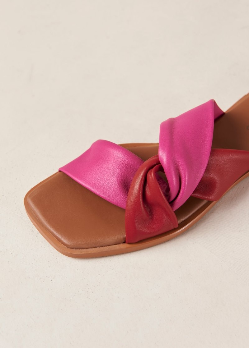 Women's Alohas Nomad Leather Flat Slides Sandals Red / Pink NZ | W2N-2992