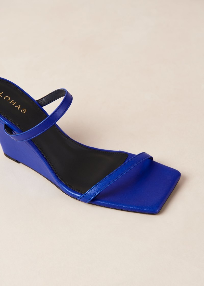 Women's Alohas Paixao Leather Wedge Mules Heels Blue NZ | W5O-8198