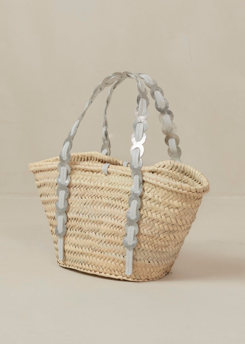 Women's Alohas Palmette Straw Bag With Leather Straps Handbags Silver / White NZ | D0Z-6578