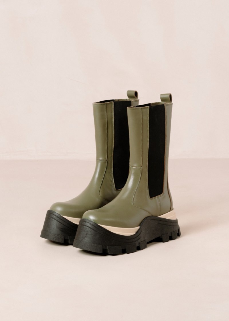 Women's Alohas Phoenix Chess Dusty Leather Mid-calf Boots With Platform Soles Chelsea Boots Green NZ | W7N-9554