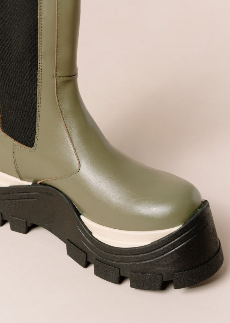 Women's Alohas Phoenix Chess Dusty Leather Mid-calf Boots With Platform Soles Chelsea Boots Green NZ | W7N-9554