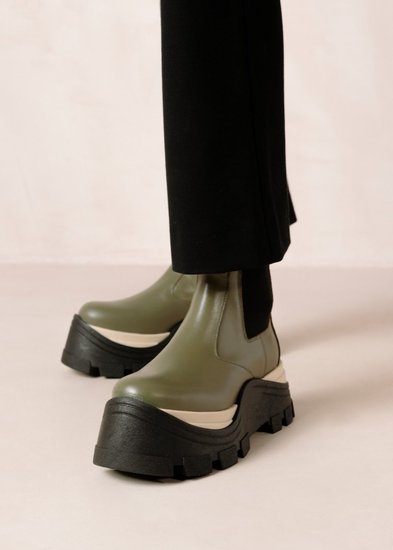 Women's Alohas Phoenix Chess Dusty Leather Mid-calf Boots With Platform Soles Chelsea Boots Green NZ | W7N-9554