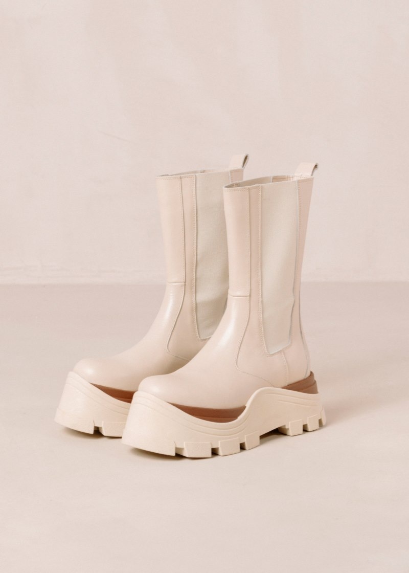 Women's Alohas Phoenix Marcona Leather Mid-calf Boots With Platform Soles Chelsea Boots Cream NZ | W2A-9721