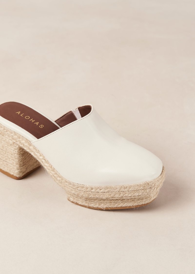 Women's Alohas Pico Leather Heeled Espadrille Clogs Mules White NZ | L4M-9281