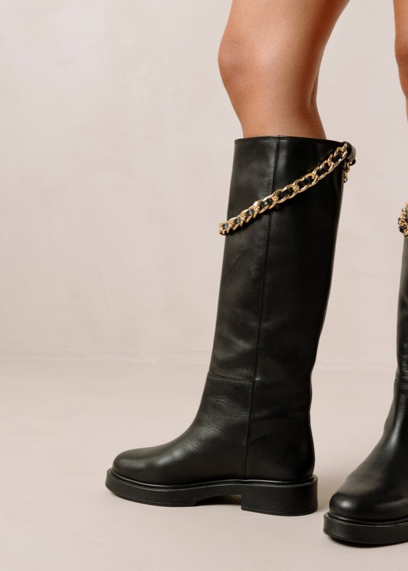 Women's Alohas Pier Leather Tall Boots With Chain Knee High Boots Black NZ | K3N-7866