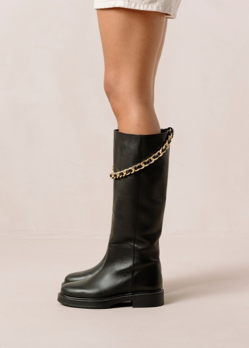 Women's Alohas Pier Leather Tall Boots With Chain Knee High Boots Black NZ | K3N-7866