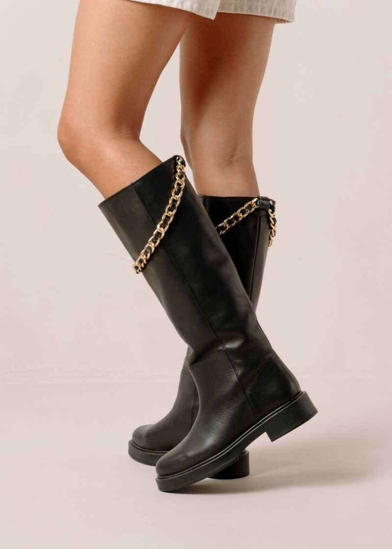 Women's Alohas Pier Leather Tall Boots With Chain Knee High Boots Black NZ | K3N-7866