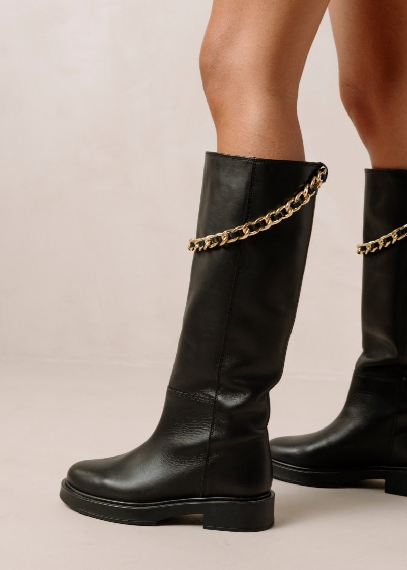 Women's Alohas Pier Leather Tall Boots With Chain Knee High Boots Black NZ | K3N-7866