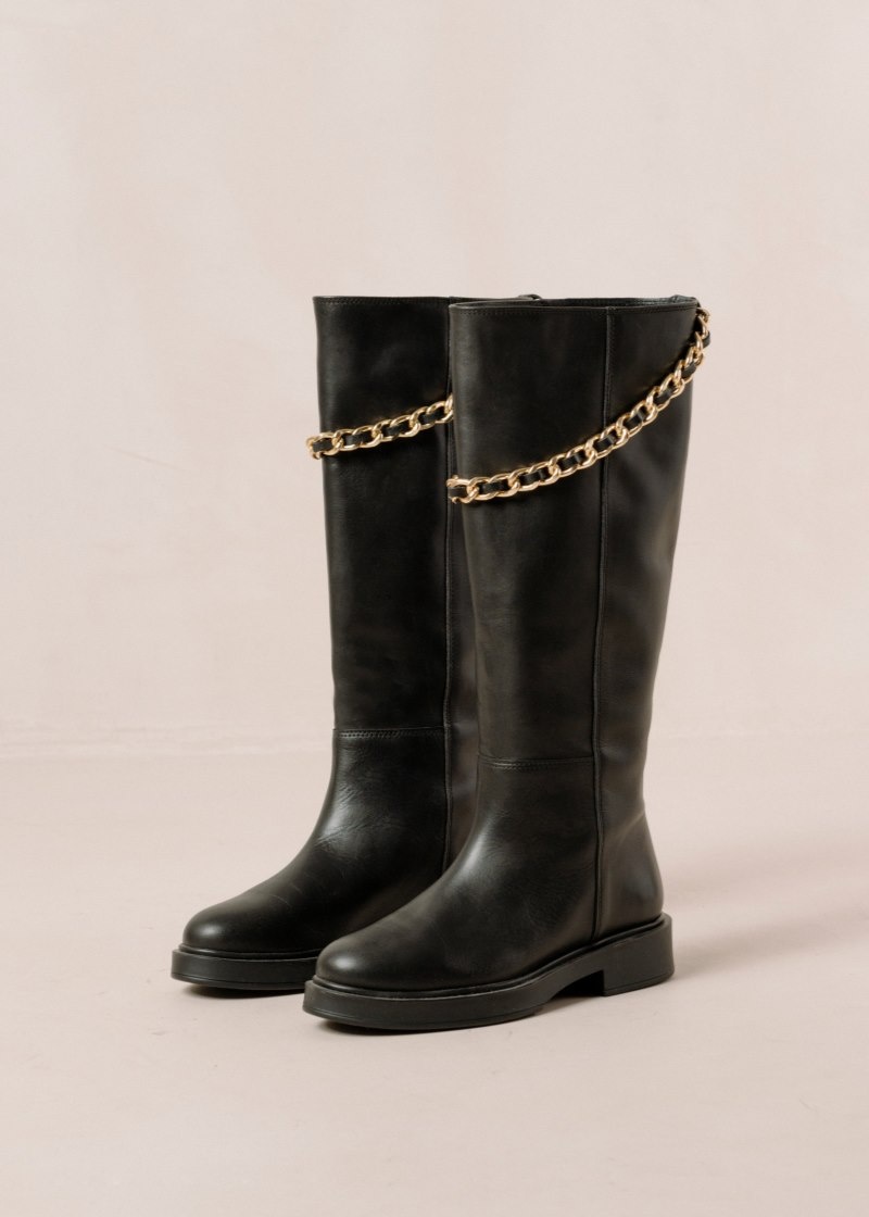 Women's Alohas Pier Leather Tall Boots With Chain Knee High Boots Black NZ | K3N-7866